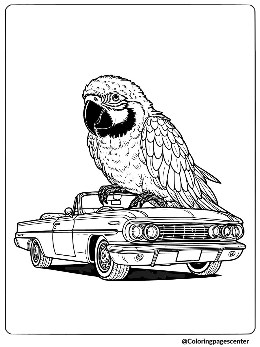 Parrot perched on vintage car in a unique coloring page scene