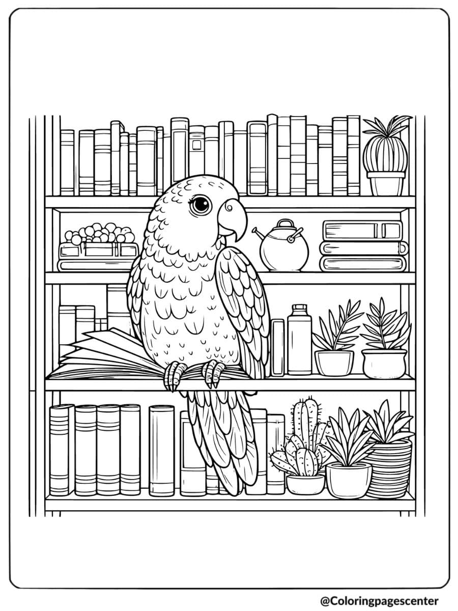 Parrot on bookshelf in a detailed library scene coloring page