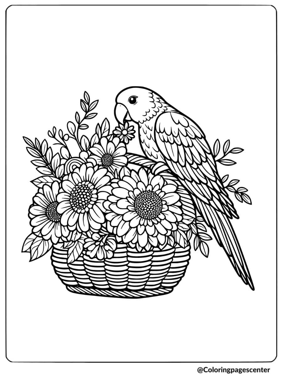 Parrot perched on flower basket in a garden-themed coloring page