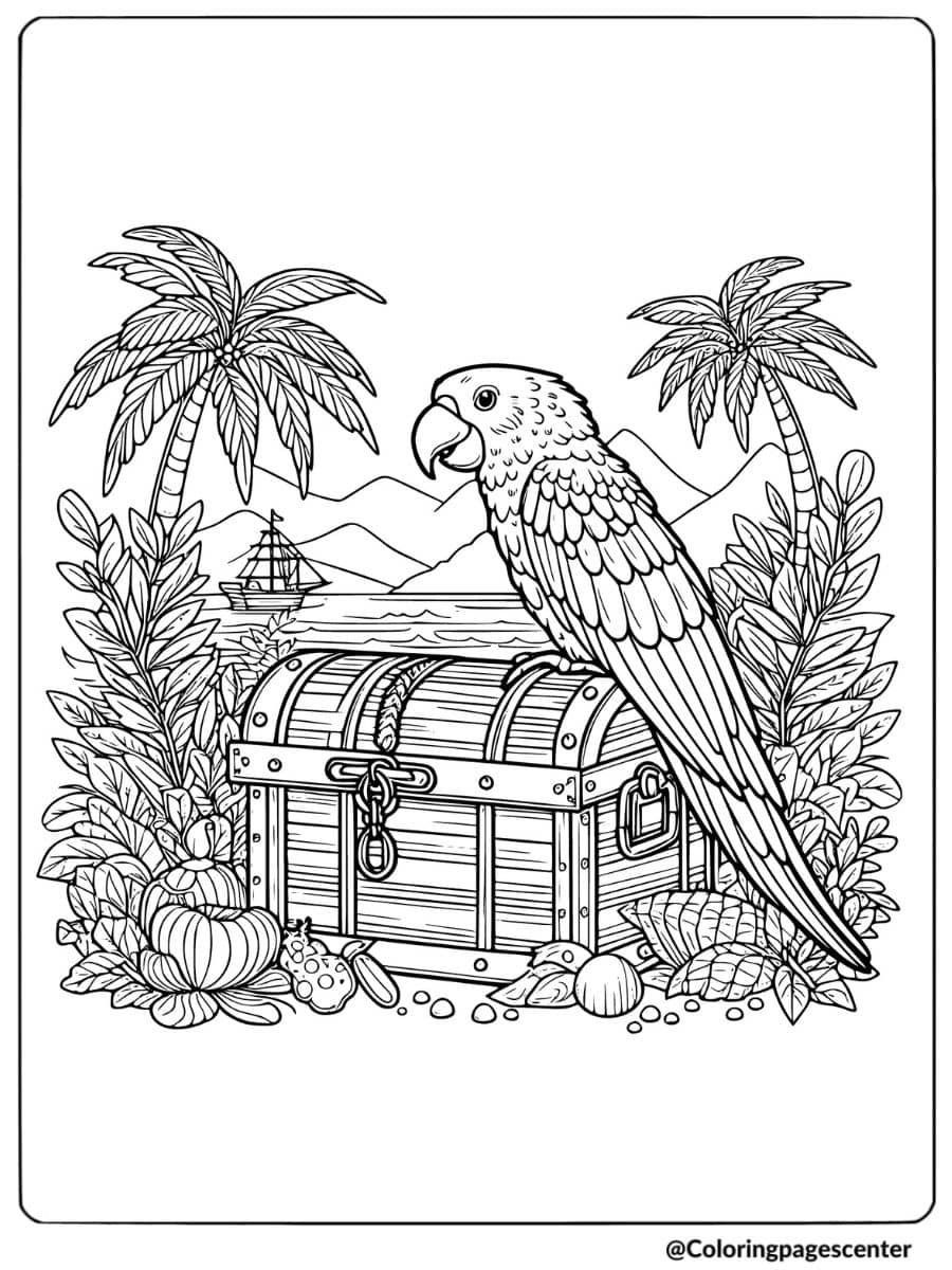 Parrot sitting on a treasure chest in tropical setting coloring page