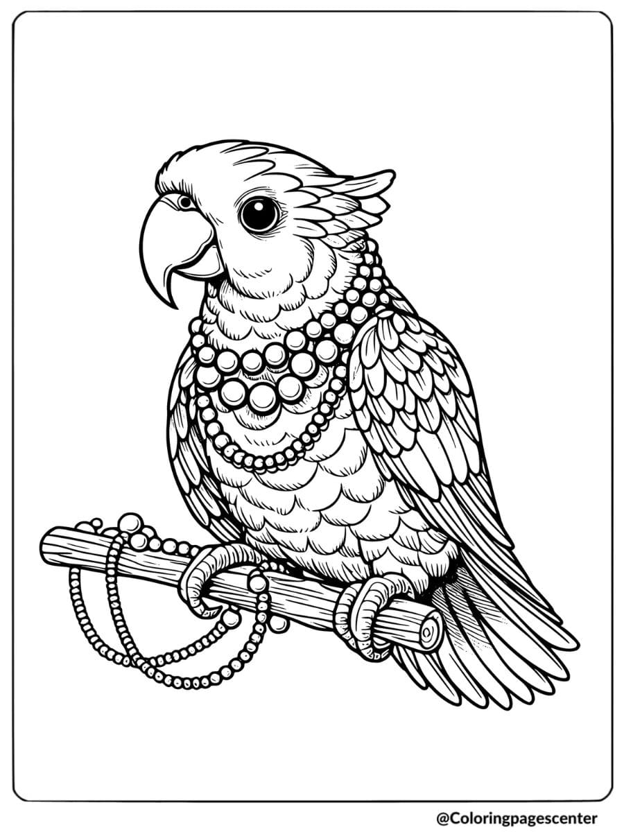 Parrot decorated with beads and jewelry in a stylish coloring page