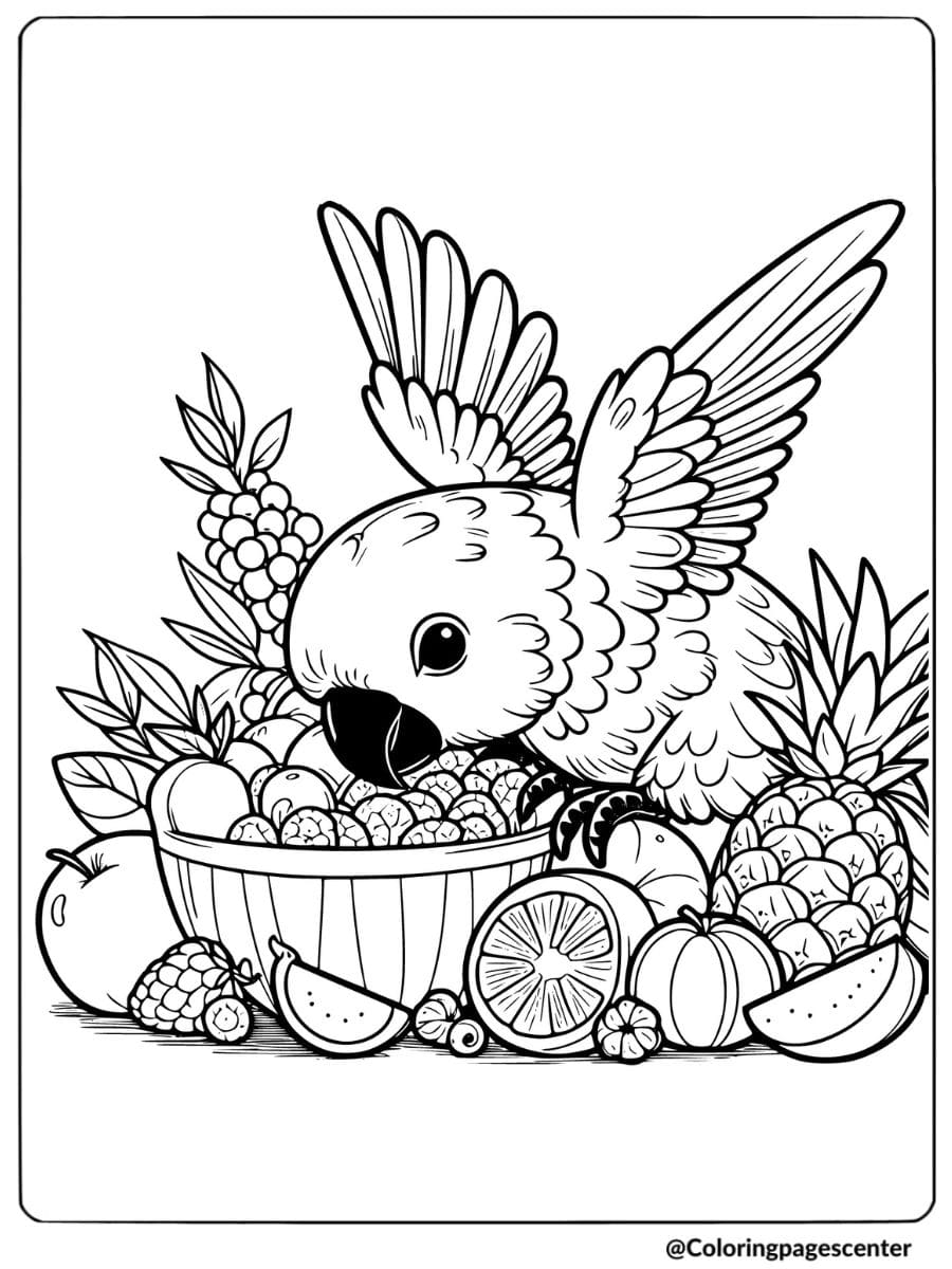 Parrot enjoying a bowl of fruits in a delicious coloring page