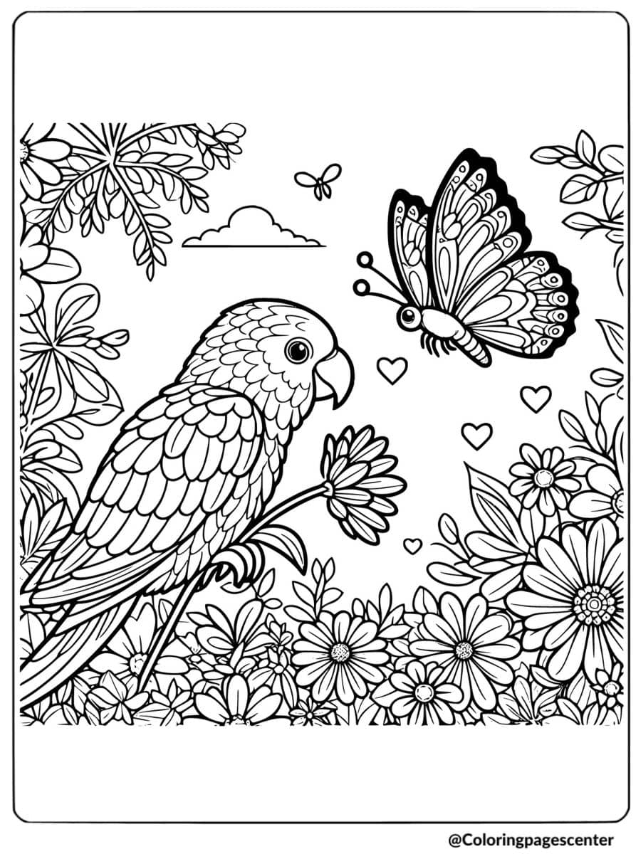 Parrot admiring butterfly with flower background in coloring page