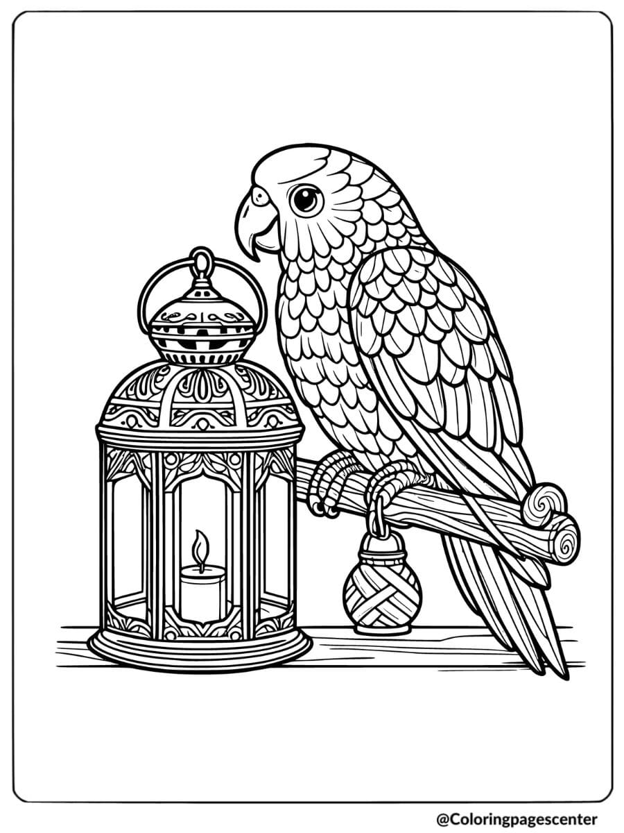 Parrot perched by a decorative lantern in an ornate coloring page