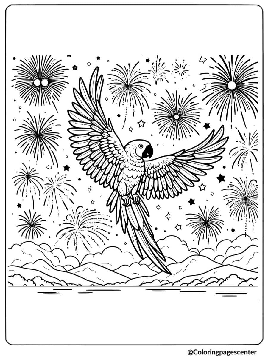 Parrot soaring with fireworks display in background coloring page