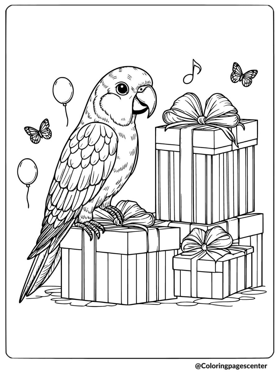 Parrot with balloons and gift boxes in a celebration coloring page