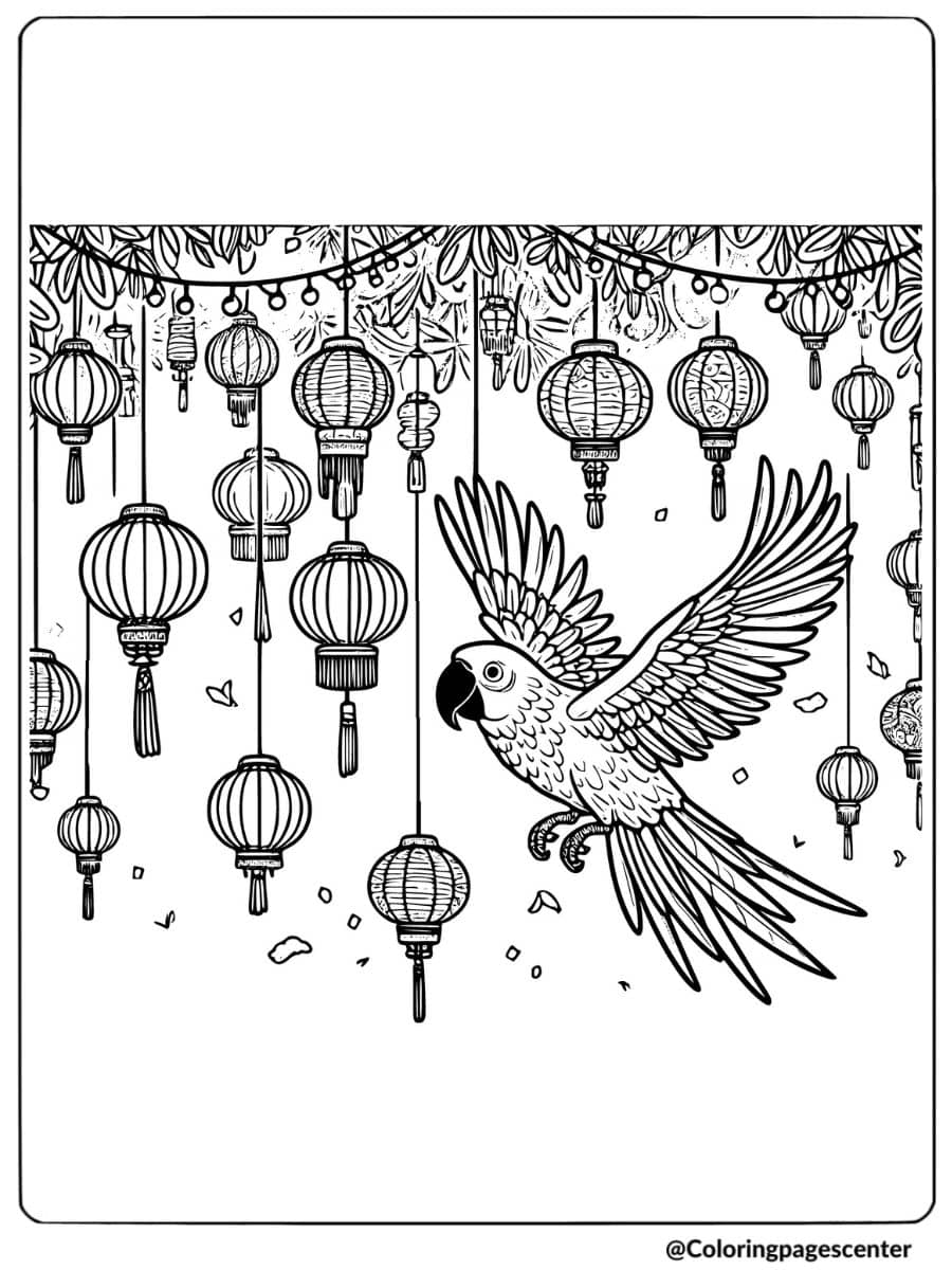 Parrot flying among hanging lanterns in festive coloring page