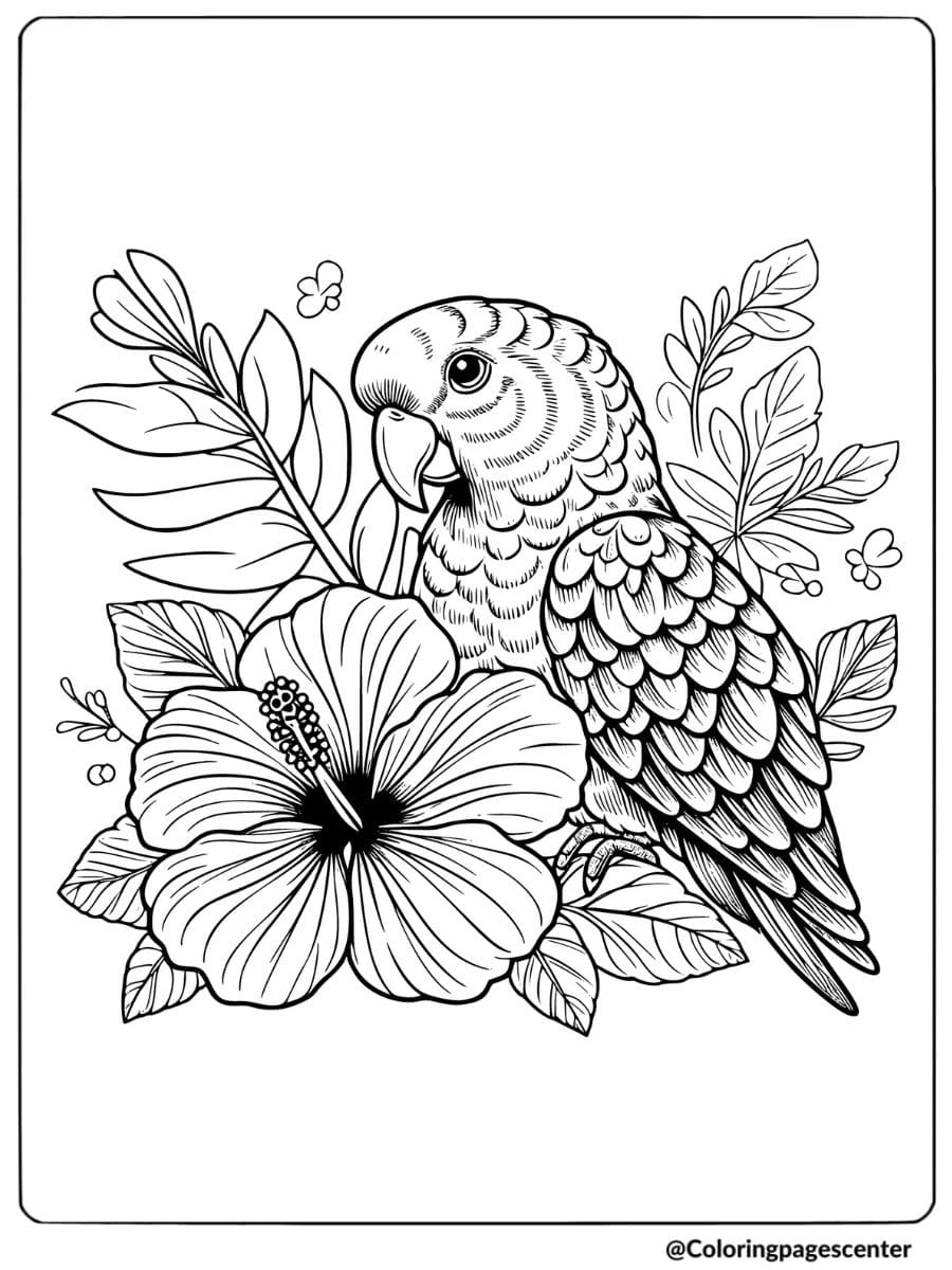 Parrot with tropical flowers and leaves in a vibrant coloring page