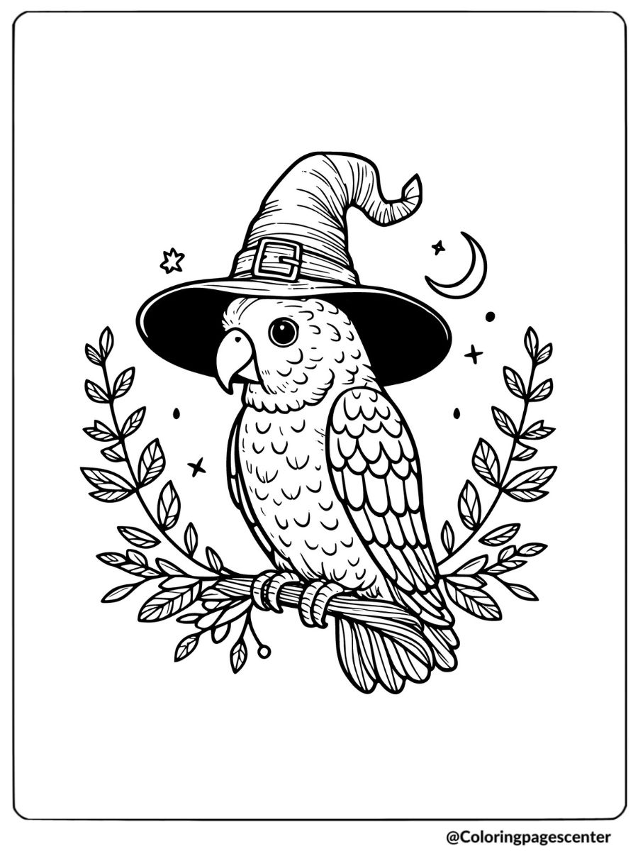 Parrot wearing a witch hat in a magical Halloween coloring page