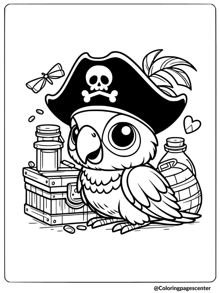 Pirate parrot with hat and treasure in a fun coloring page