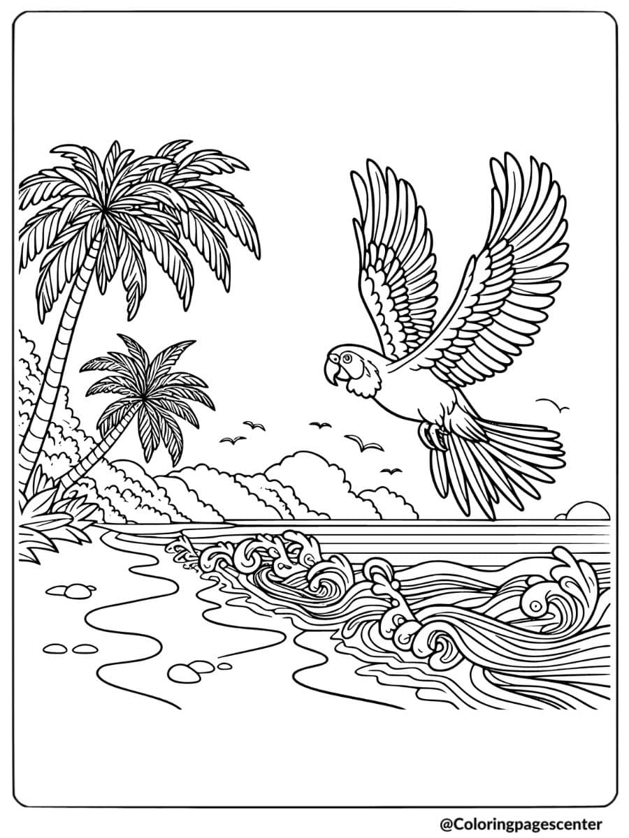 Parrot flying near palm trees in a beachside coloring page