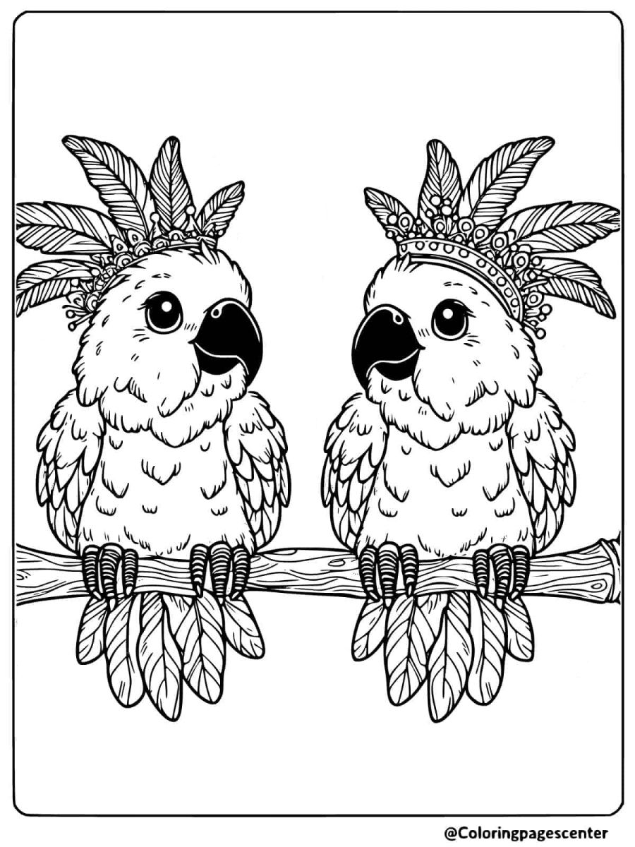 Coloring page showing parrots wearing cute feathered hats