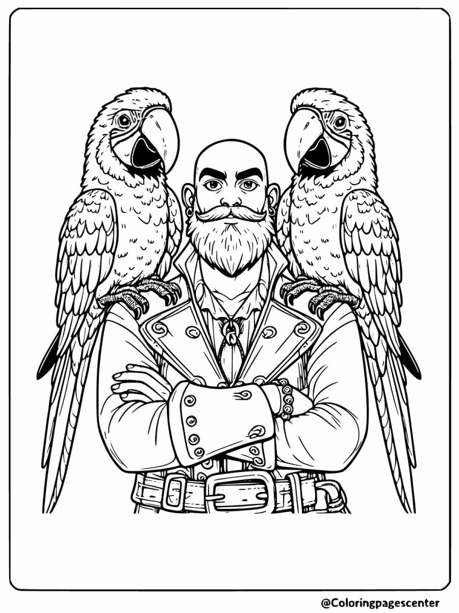 Coloring page showing a pirate with parrots on his shoulders