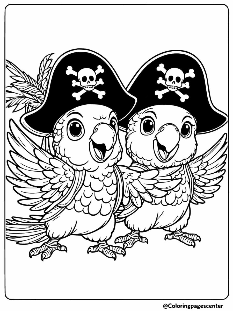 Coloring page featuring parrots dressed as pirates with hats