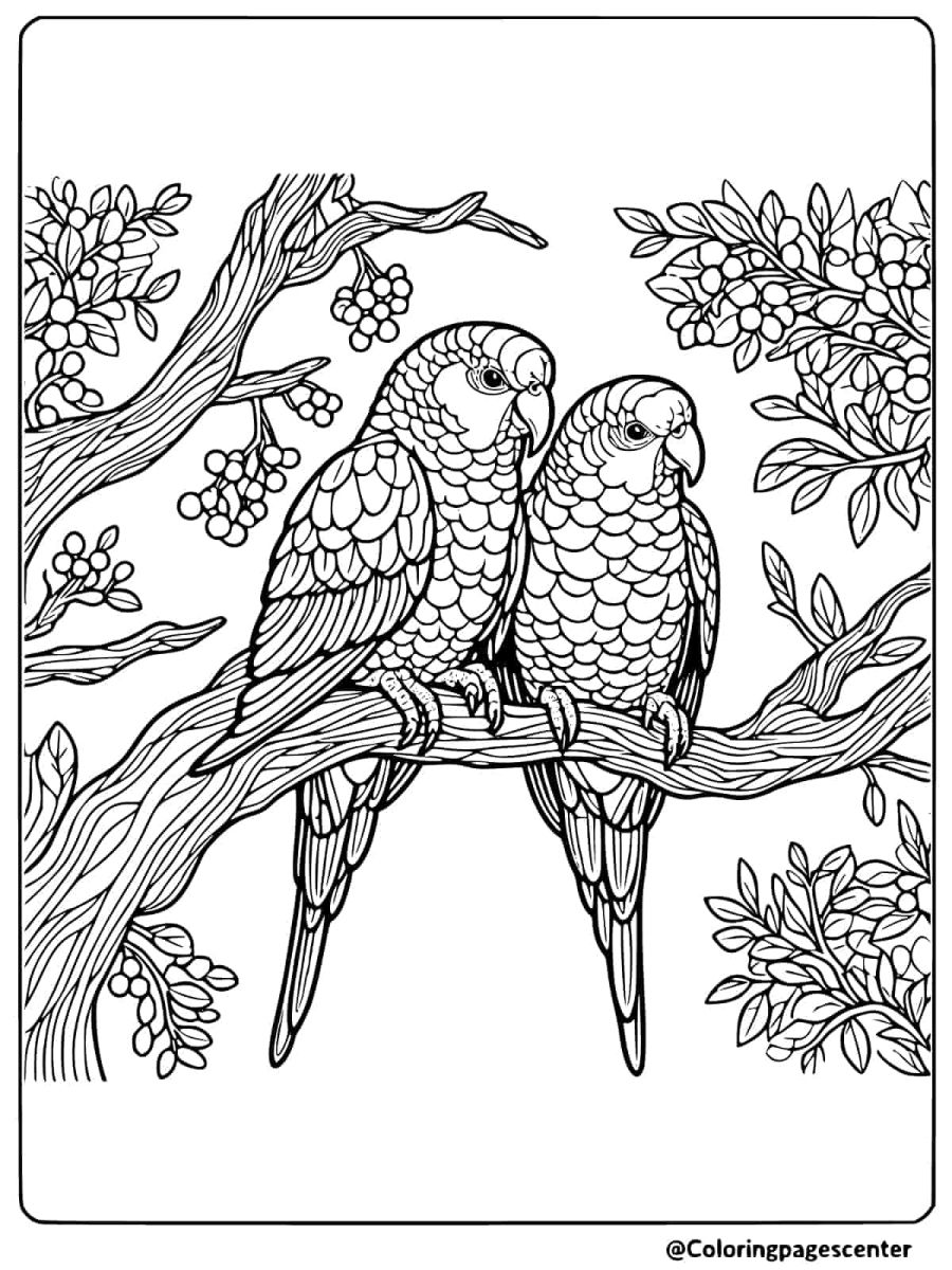 Coloring page with two parrots perched on a tree branch