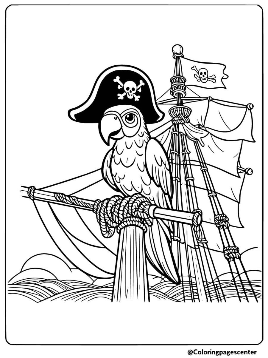 Pirate parrot on mast with flag coloring page