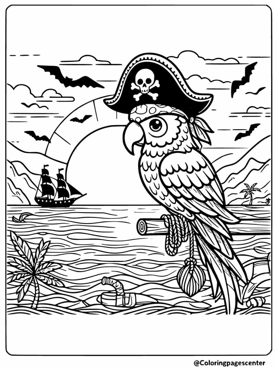 Pirate parrot looking at sea coloring page