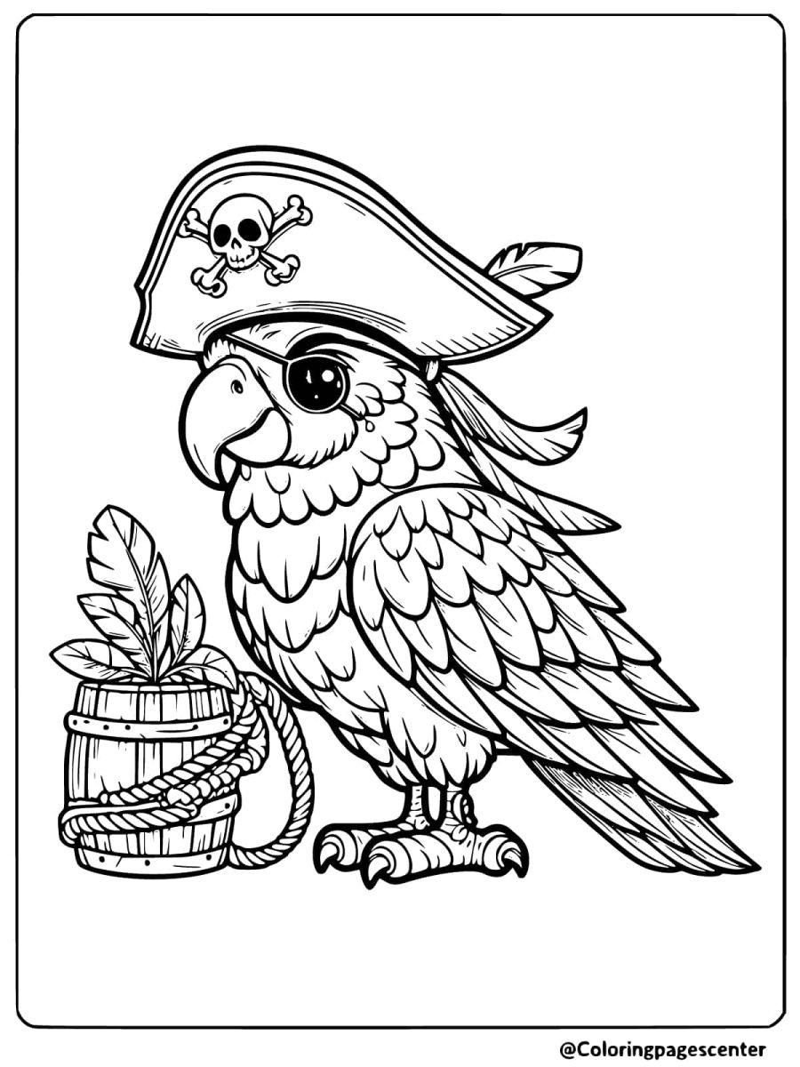 Pirate parrot next to rum barrel coloring page