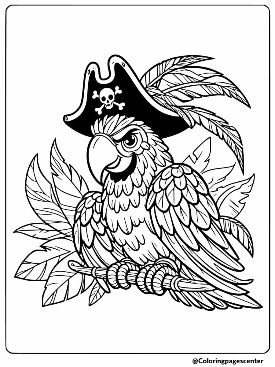 Pirate parrot with rope and leaves coloring page