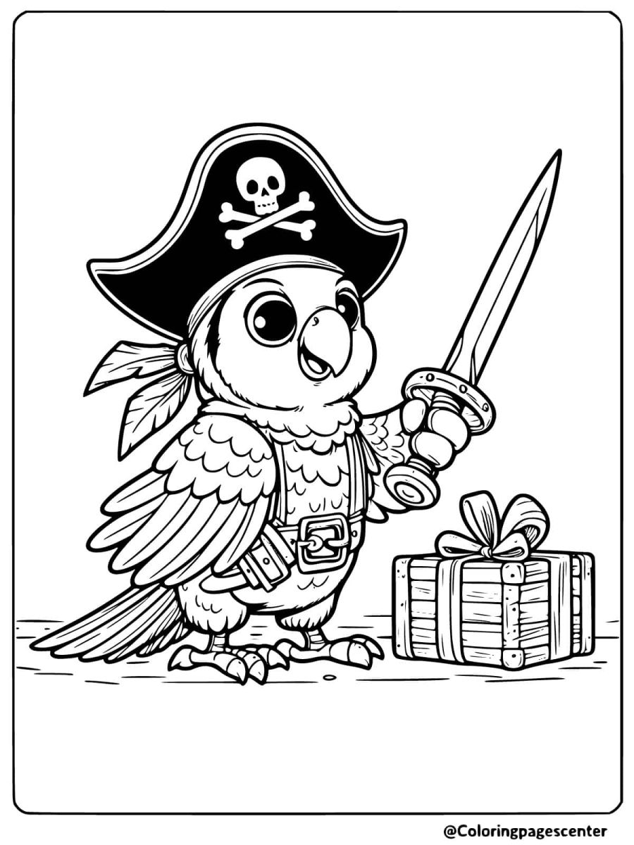 Pirate parrot with sword and chest coloring page