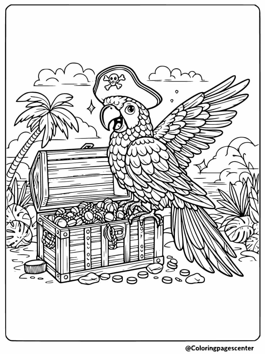 Pirate parrot guarding treasure on beach coloring page