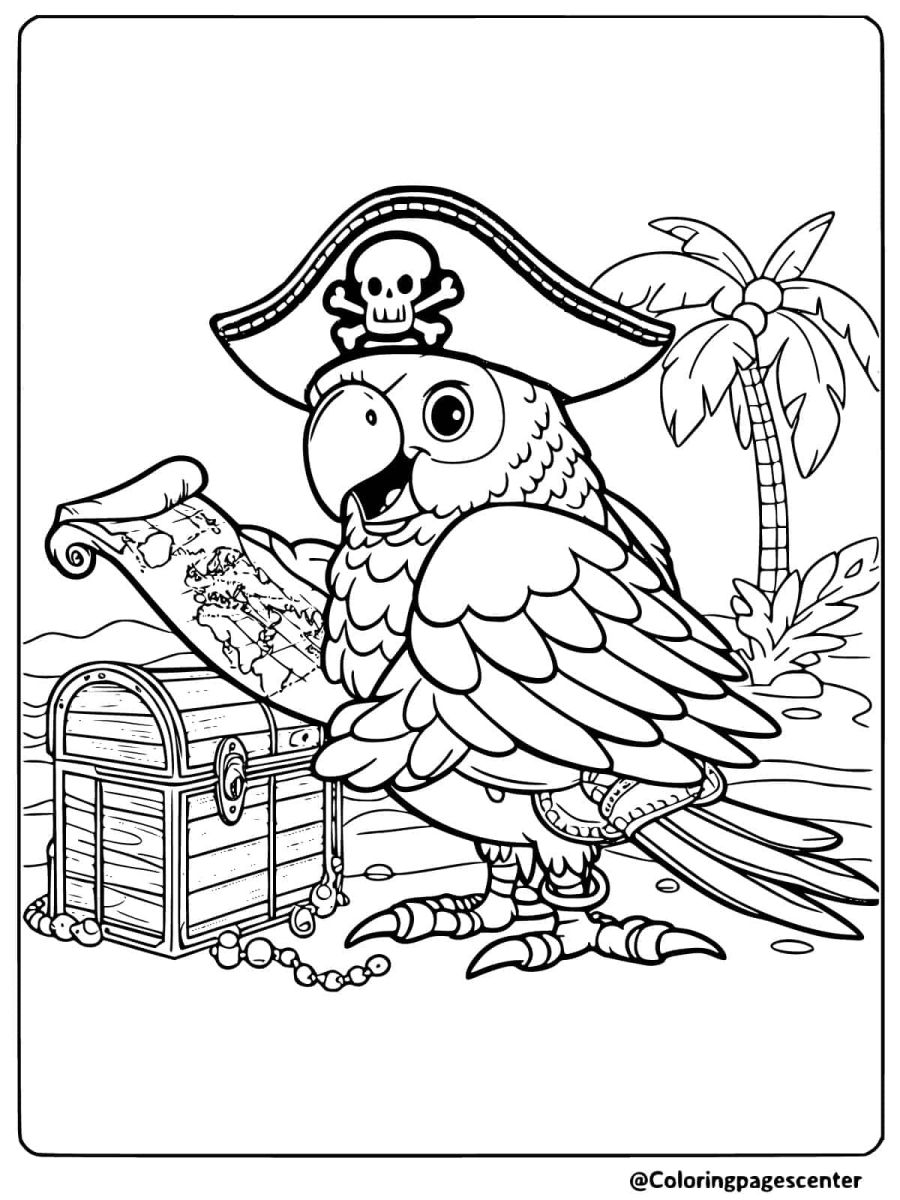 Pirate parrot holding map coloring page