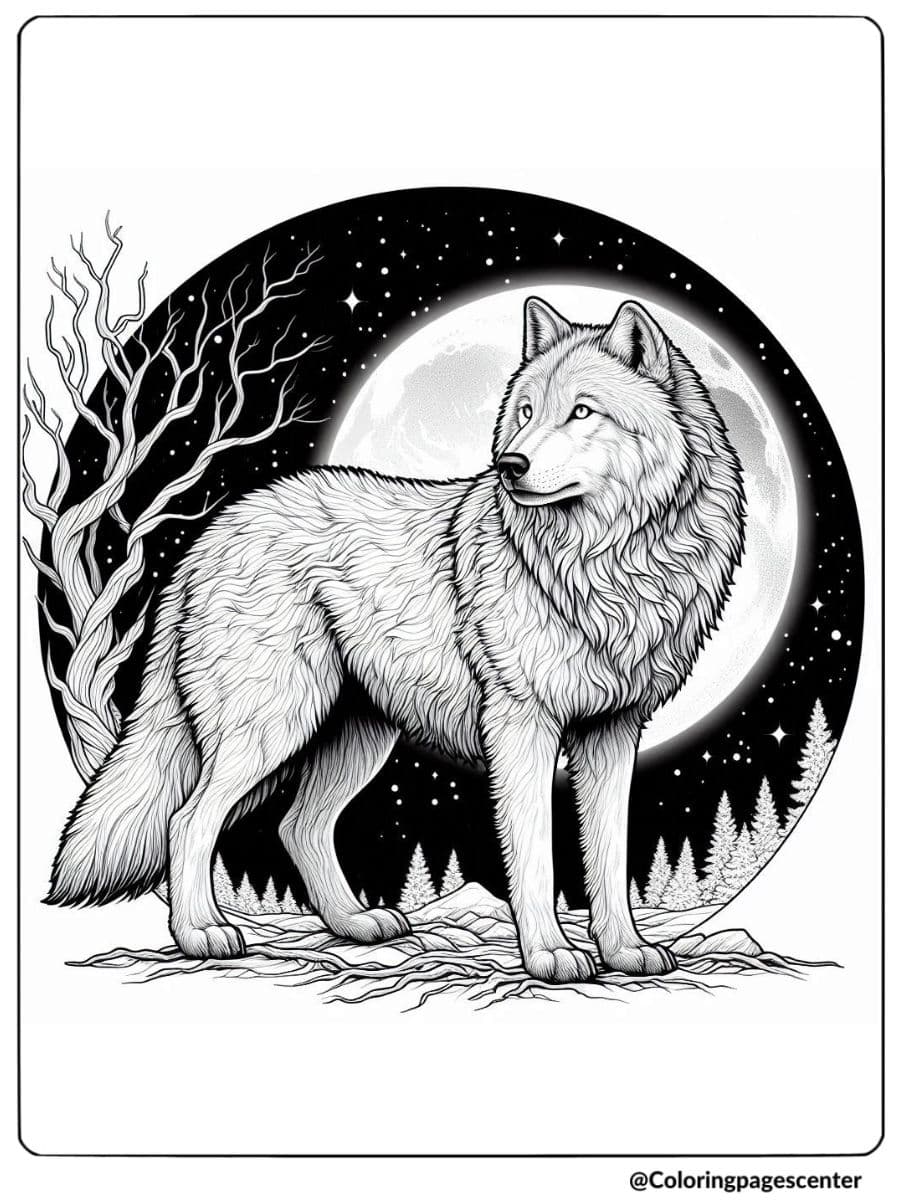 Snowy forest with realistic wolf under moonlight coloring page