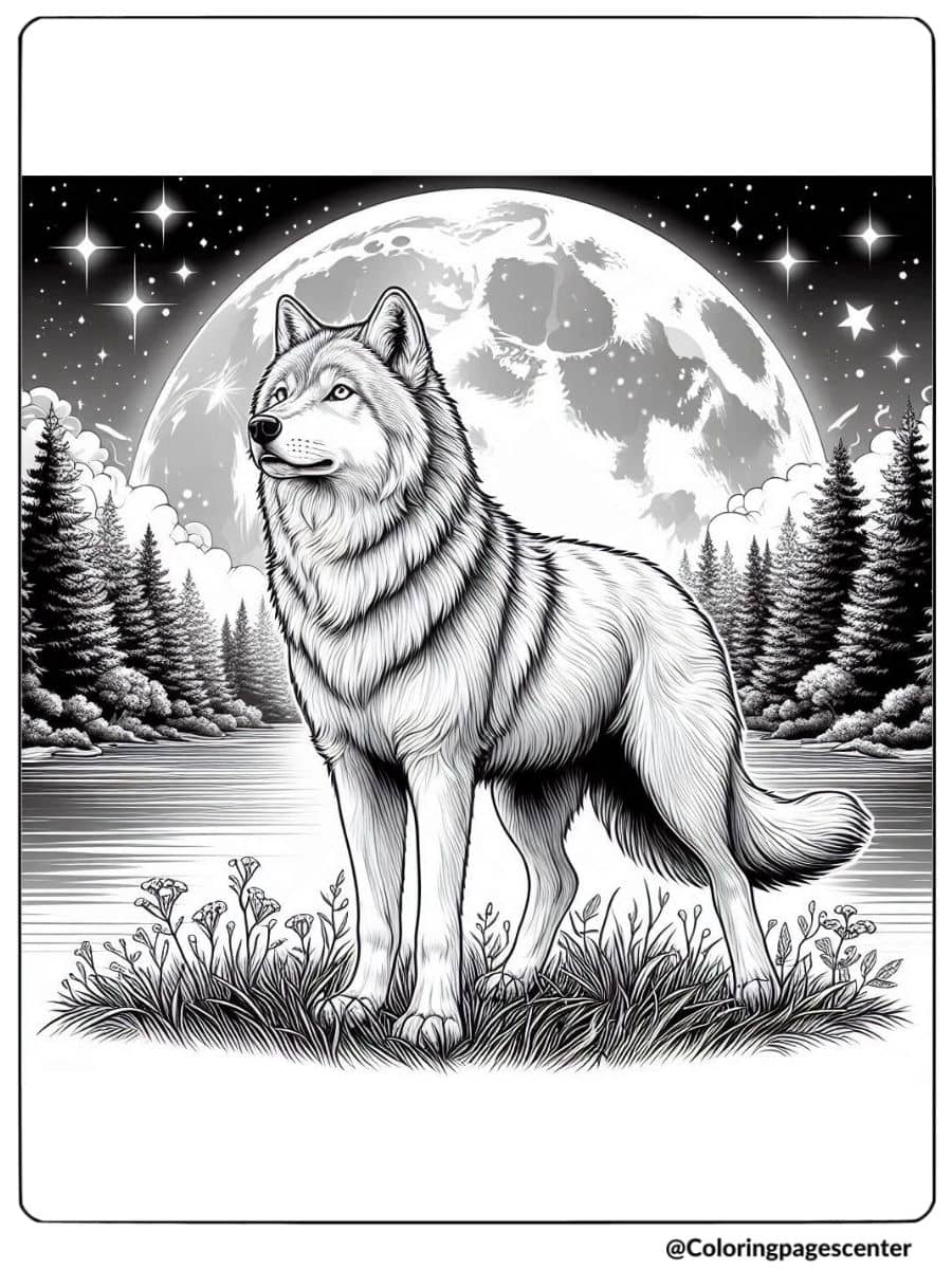 Moonlight scene by the water with a realistic wolf coloring page