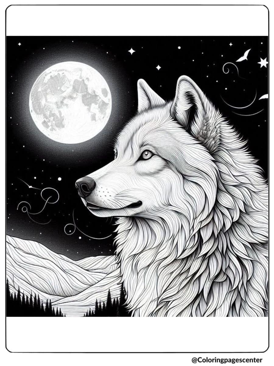 Moonlit night with a realistic wolf portrait coloring page