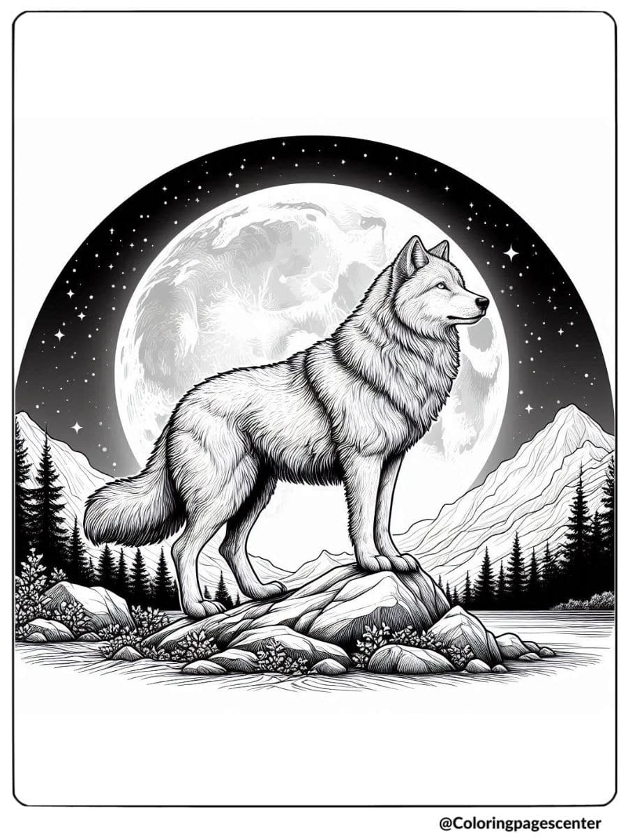 Moonlight mountain scene with realistic wolf coloring page