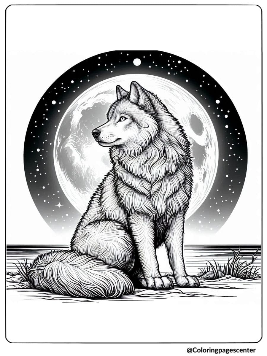 Moonlight backdrop with a realistic seated wolf coloring page