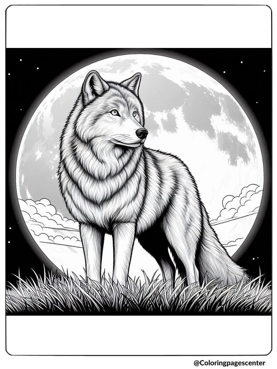 Realistic wolf in grassy field with moonlight coloring page