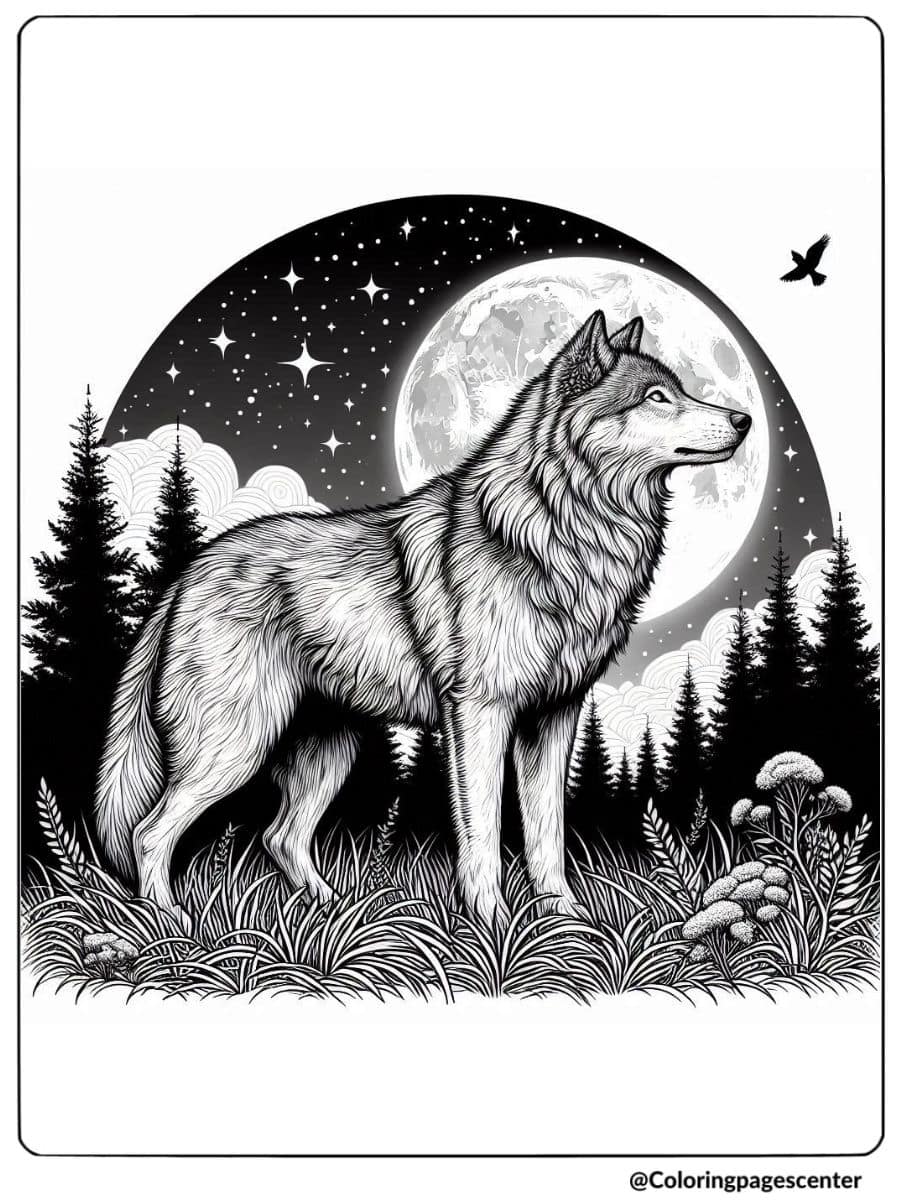 Moonlight scene with a realistic wolf coloring page