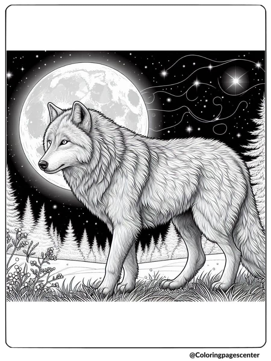 Moonlit forest path with realistic wolf coloring page