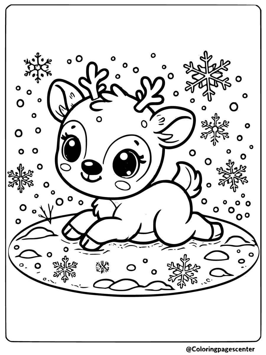 Coloring page of a baby reindeer playing in the snow