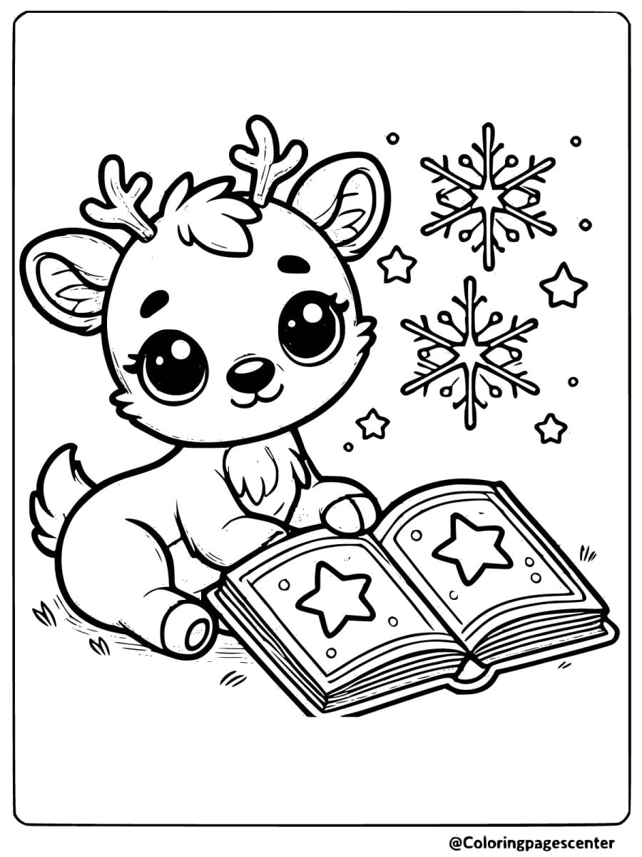 Coloring page of a sweet baby reindeer reading a book