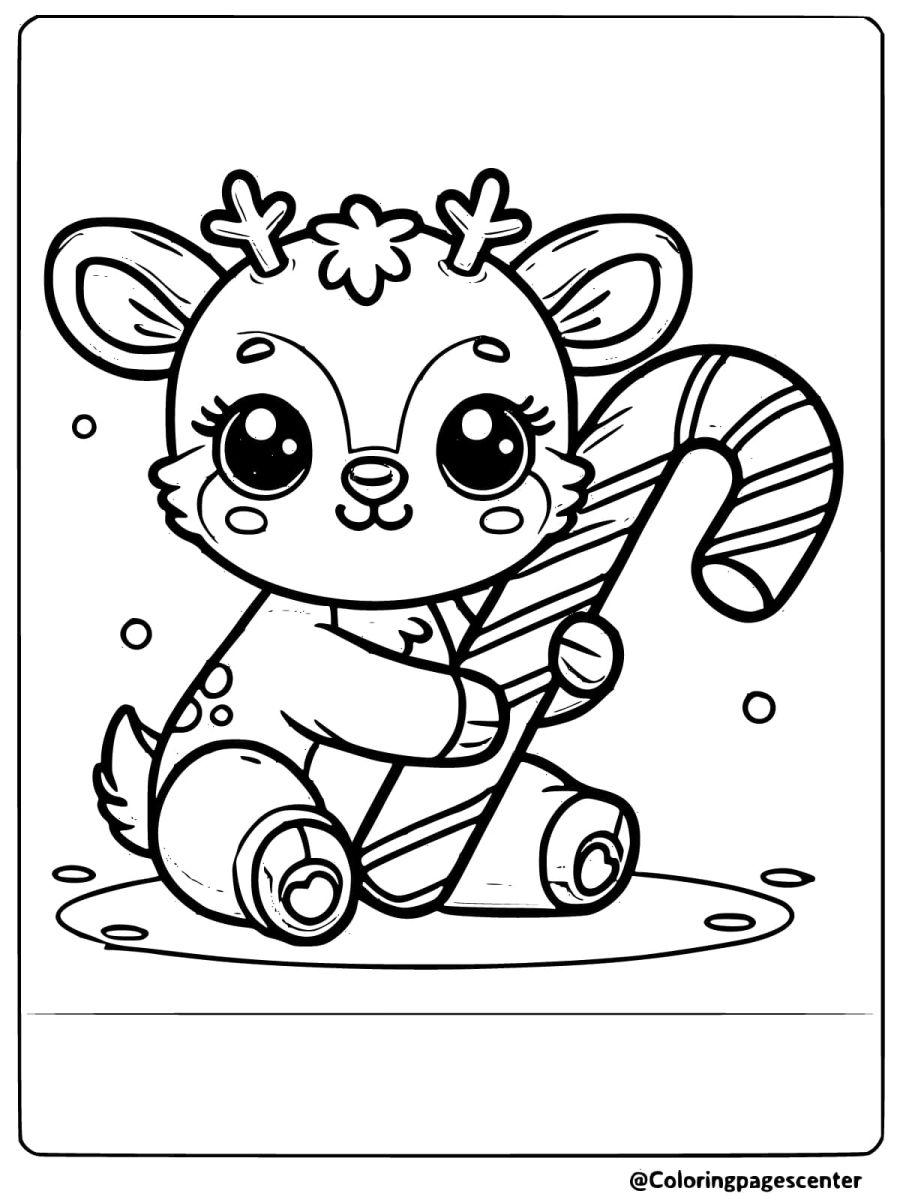 Coloring page of a cute baby reindeer holding a candy cane