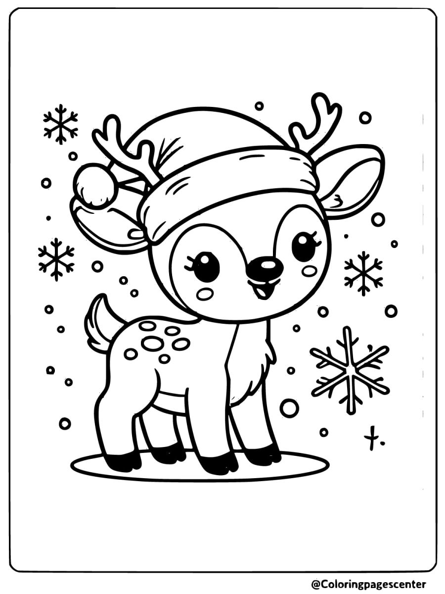 Coloring page of a playful baby reindeer with a Santa hat