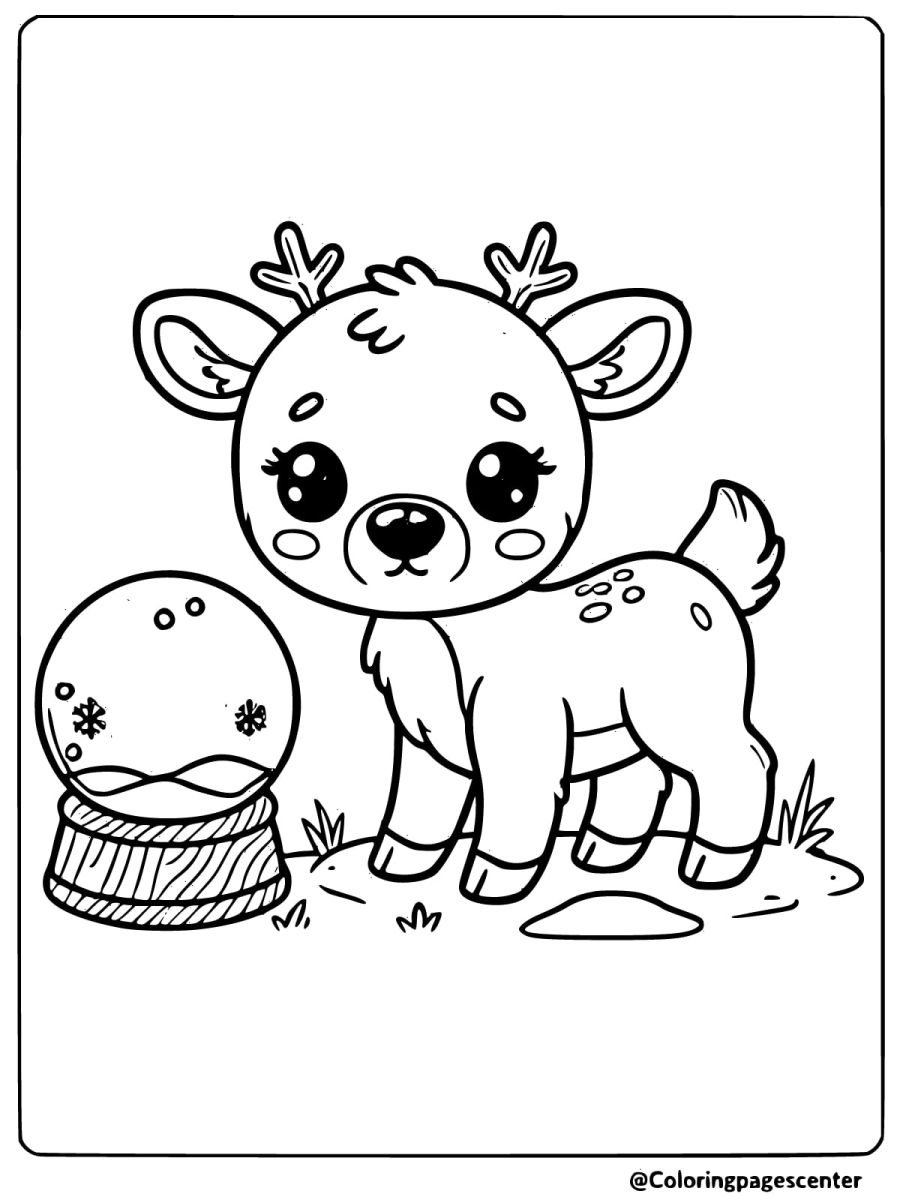 Coloring page of a charming baby reindeer with a snow globe