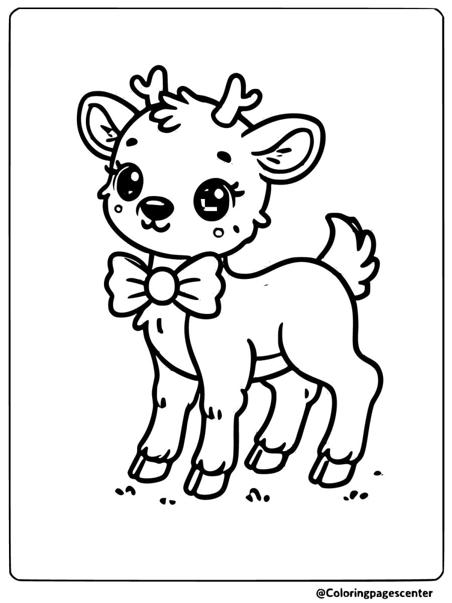 Coloring page of an adorable baby reindeer with a bow