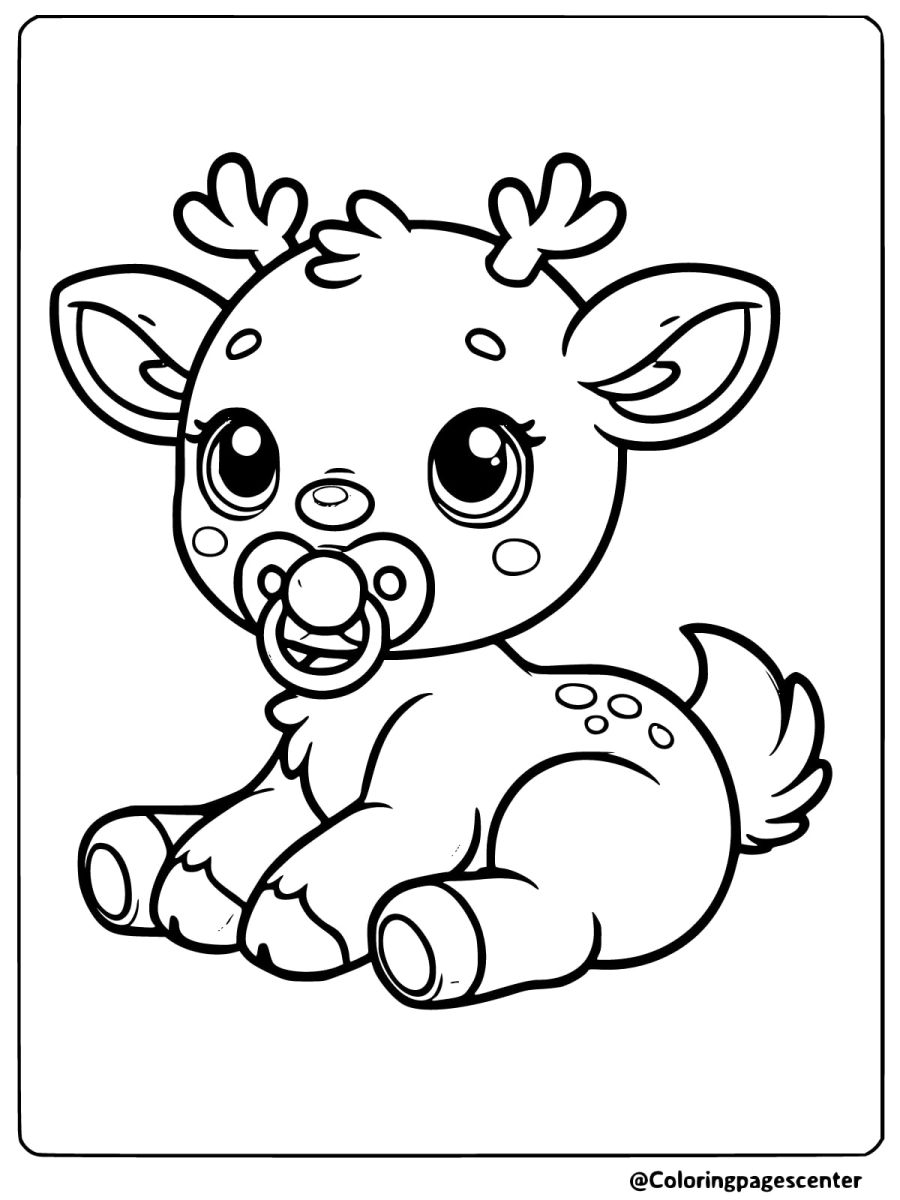 Coloring page of a baby reindeer with a pacifier in its mouth