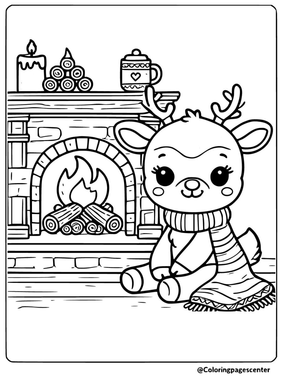 Coloring page of a reindeer sitting cozily by the fireplace