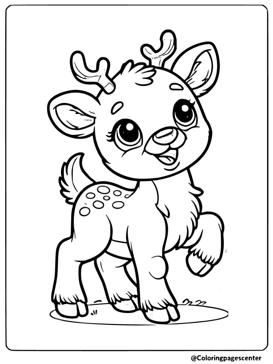 Coloring page of a playful reindeer standing with a cheerful expression