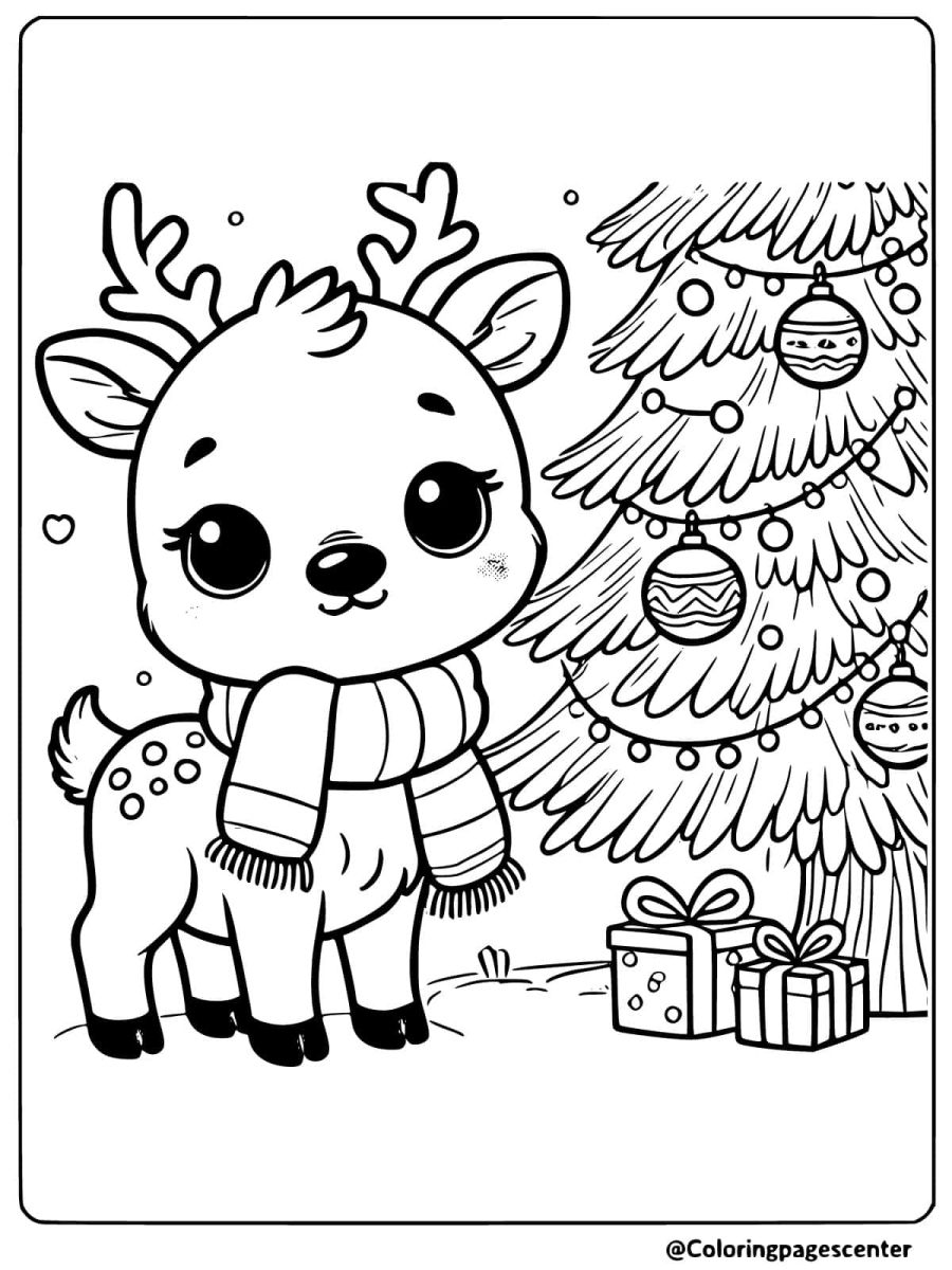 Coloring page of a reindeer standing beside a decorated Christmas tree