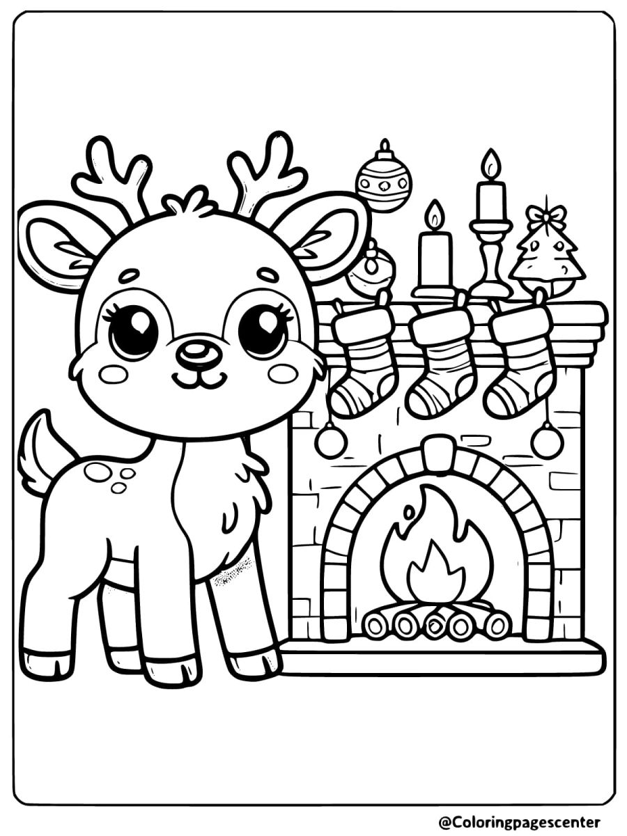 Coloring page of a reindeer standing by a warm fireplace with stockings