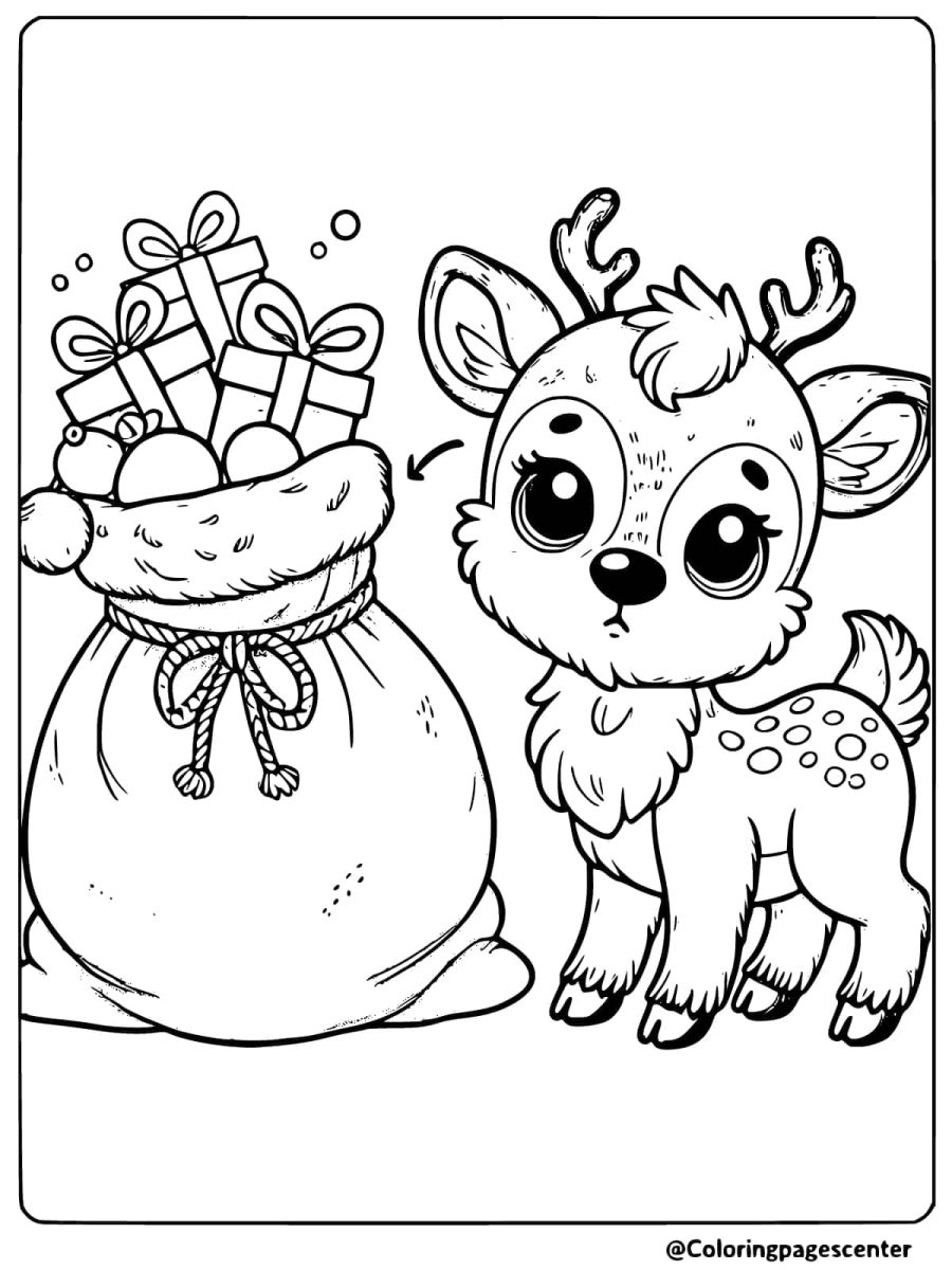 Coloring page of a baby reindeer with Christmas gifts