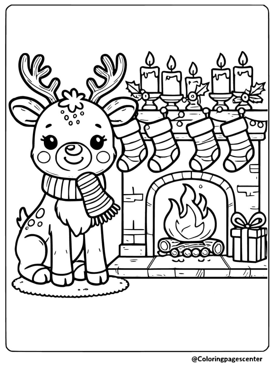 Reindeer by Fireplace Christmas Coloring Page