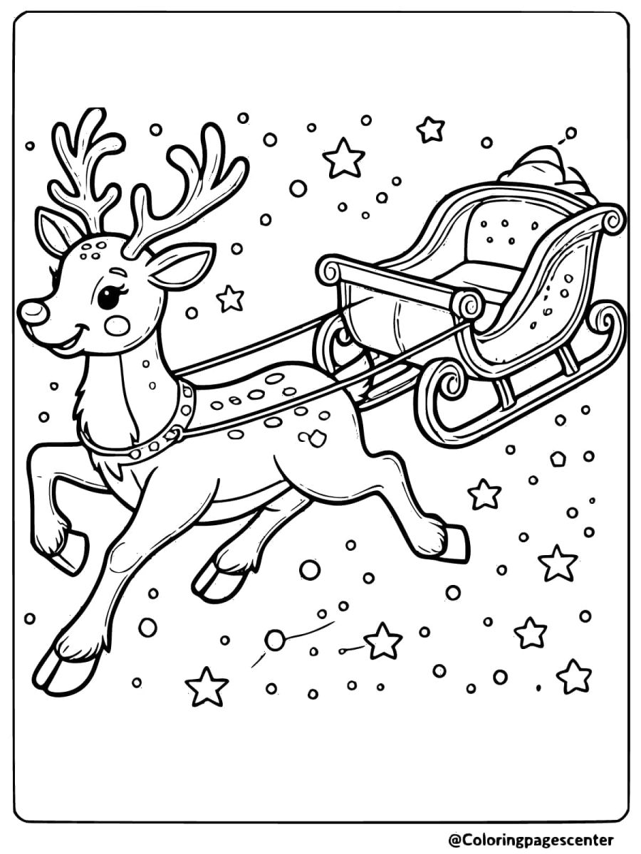 Coloring page of a reindeer pulling a sleigh for Christmas