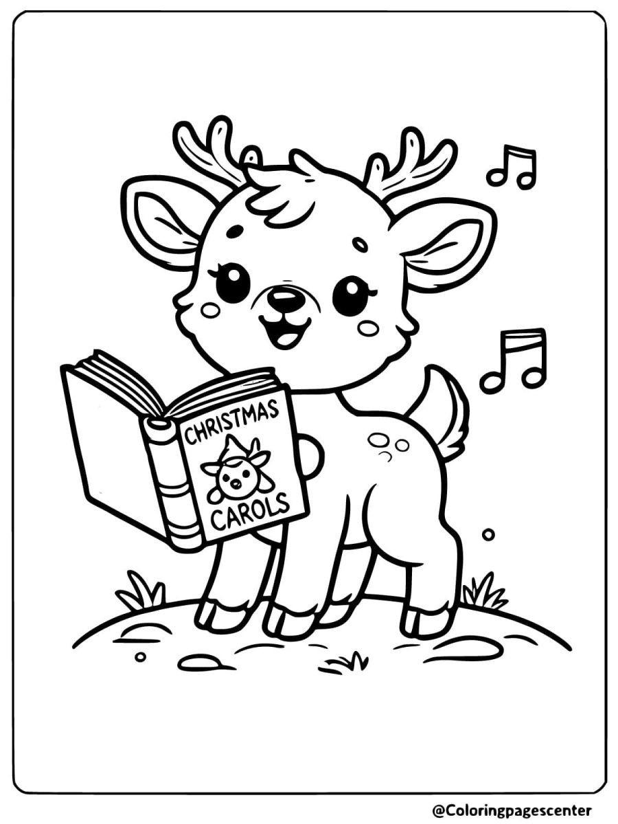 Coloring page of a reindeer singing Christmas carols