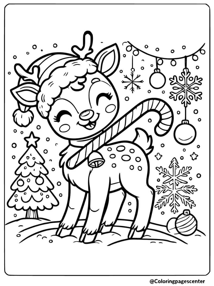 Coloring page of a reindeer with a candy cane for Christmas